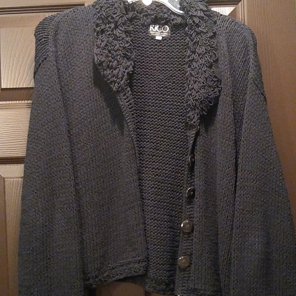 Black Sweater Hand Made knit loop fringe button-down cardigan, L - Picture 9 of 10